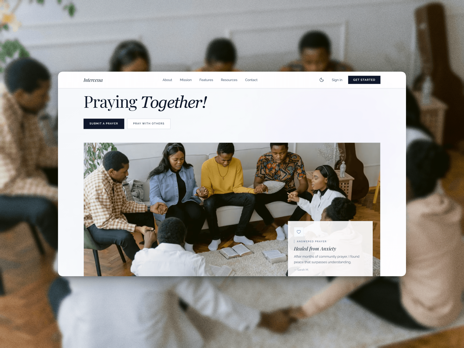 Intercessa web application home screen for prayer and community