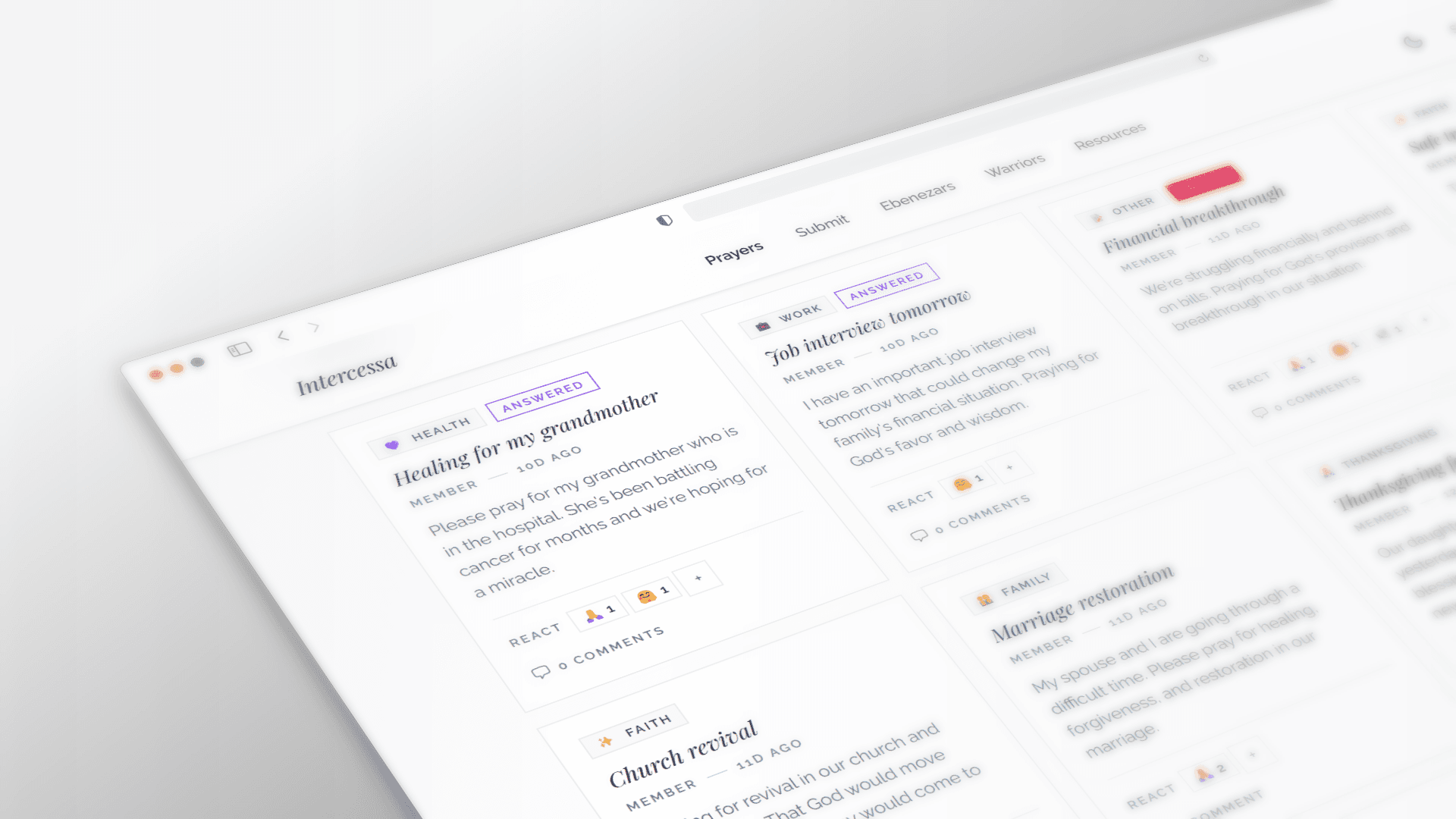 Intercessa website layout with soft typography and breathing room