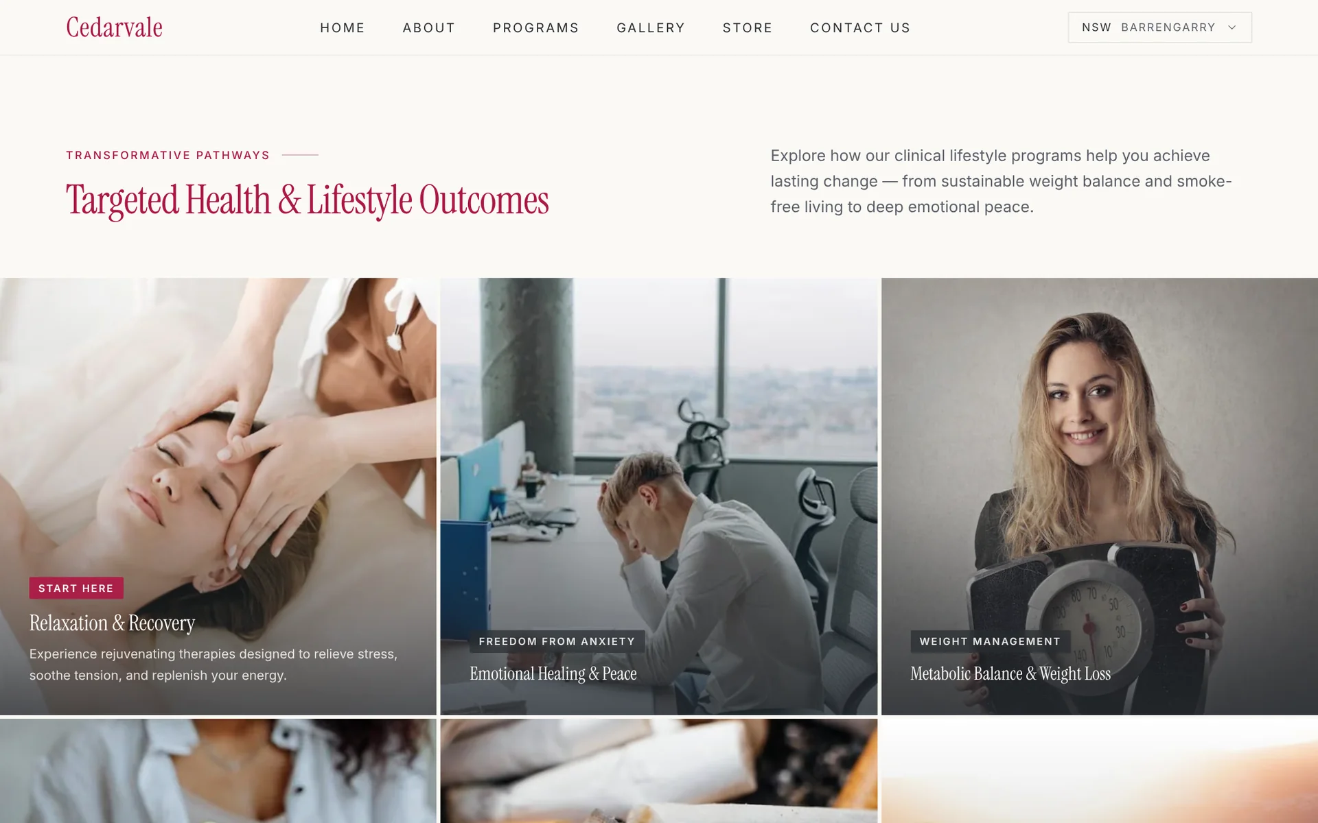 Health and lifestyle outcomes grid on the Cedarvale home page