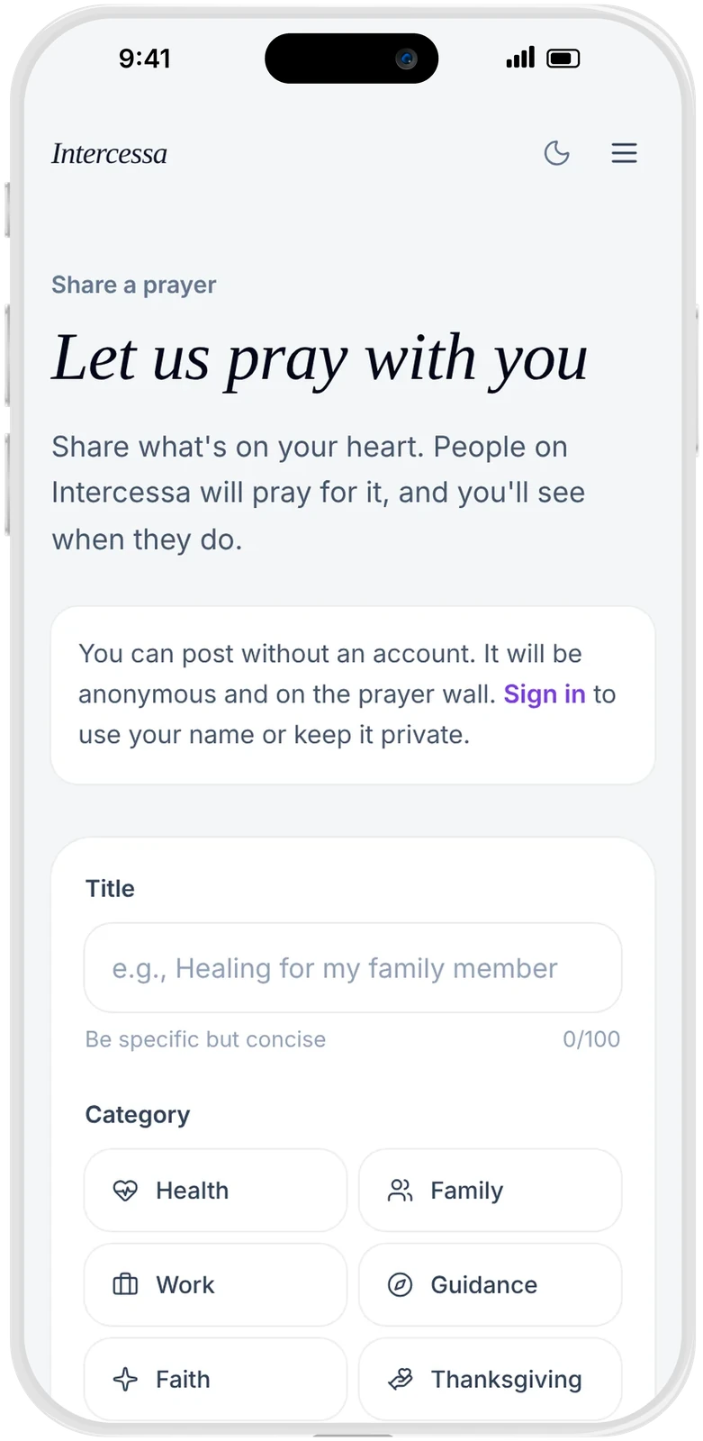 Intercessa share a prayer screen on an iPhone